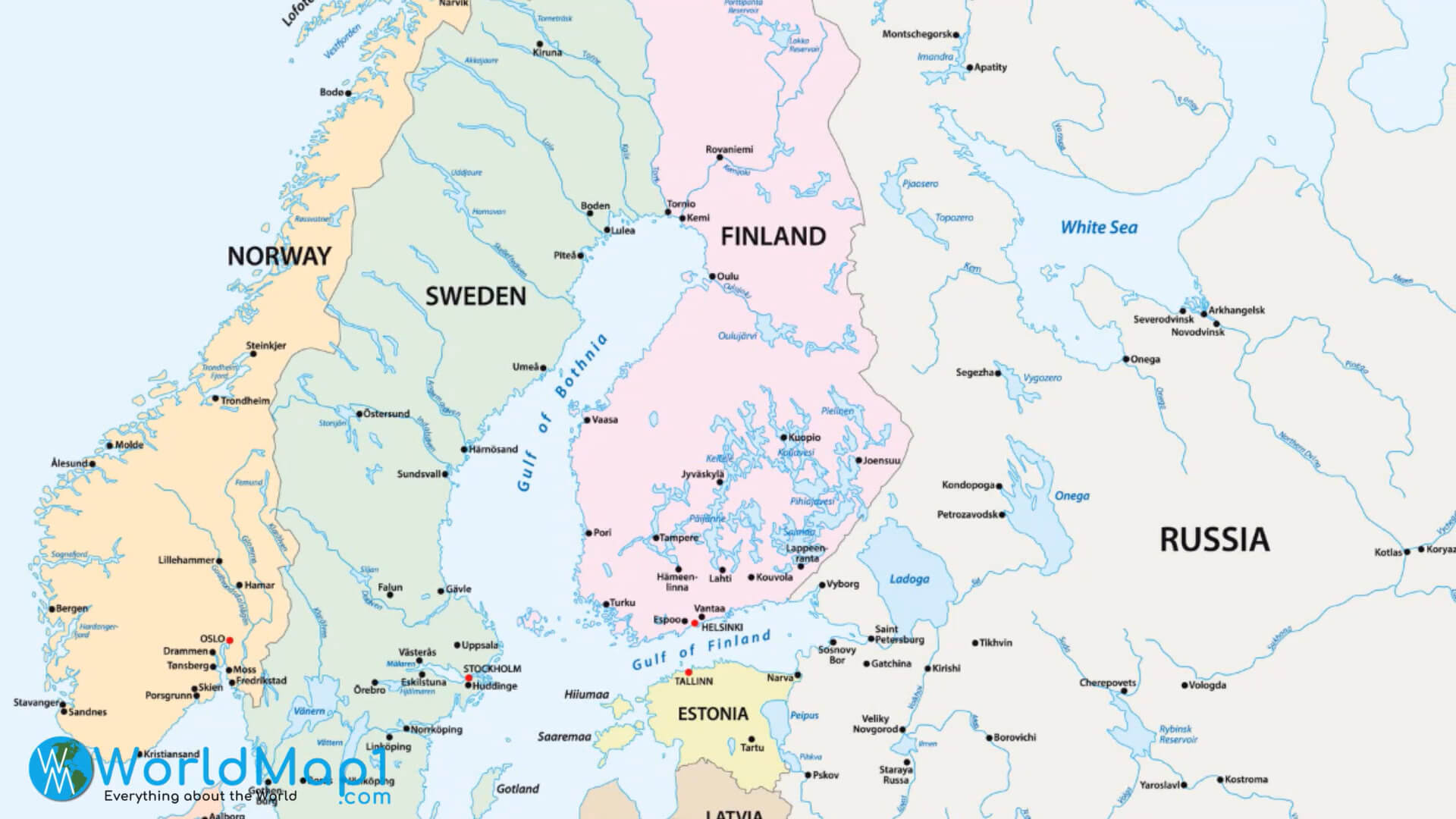 Scandinavian and Baltic Countries Rivers Map with Lithuania